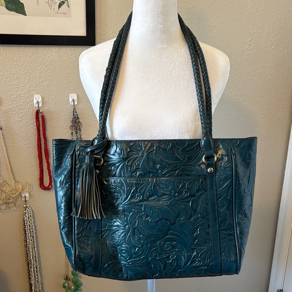 Patricia Nash Mariella Teal Tote Bag- Large Tooled Leather